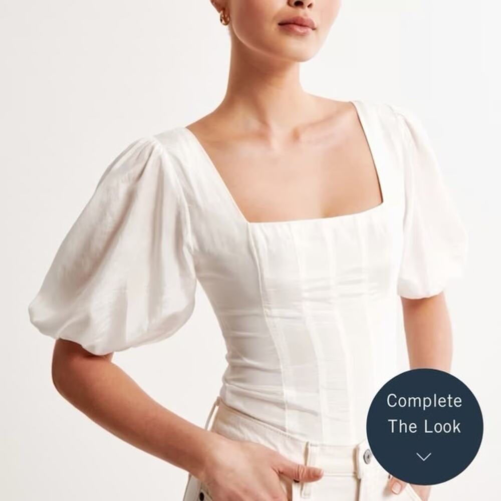 Abercrombie & Fitch Square Neck Corset Style Puff Short Sleeve Blouse Top White